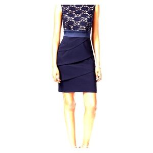 Navy Blue-Tiered Sequined Lace Sheath Dress